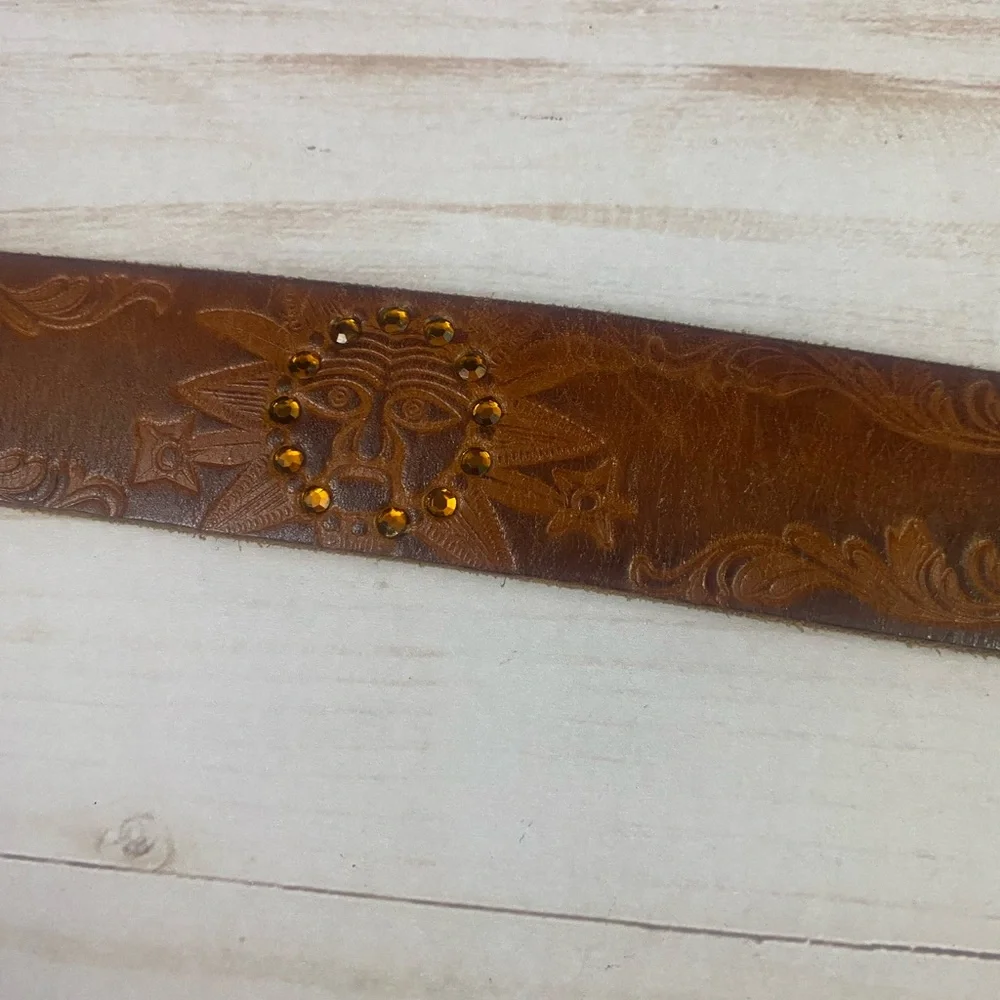 Vtg Hipwear Brown Leather Tooled Rhinestone Belt Boho Hippie Brass Buckle Sz L